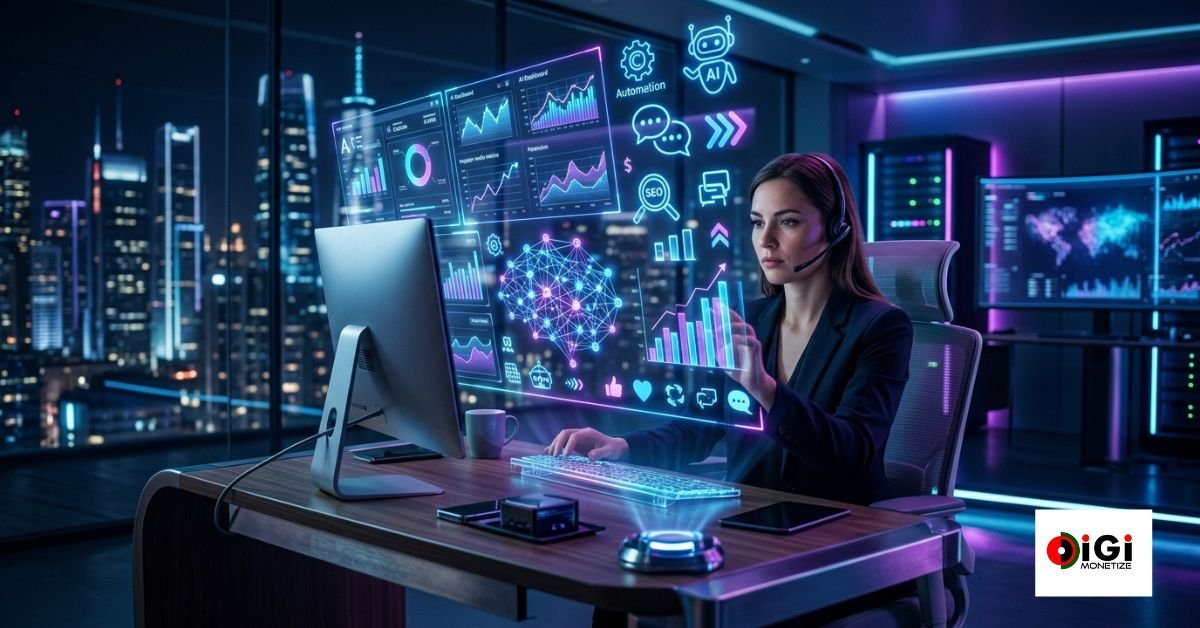 AI digital marketing tools dashboard showing automation and analytics