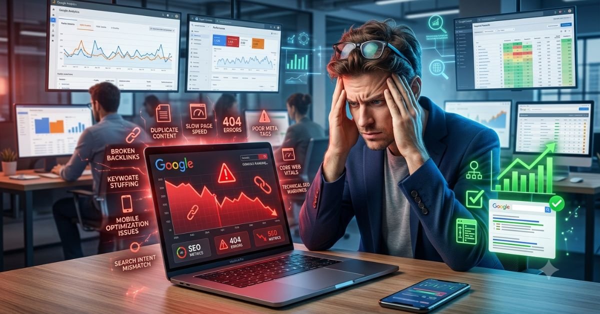 Digital marketer analyzing website SEO errors and Google ranking decline with technical SEO issues, keyword optimization, backlinks, and website performance dashboard. Naturally describe the image while incorporating the primary keyword for accessibility.