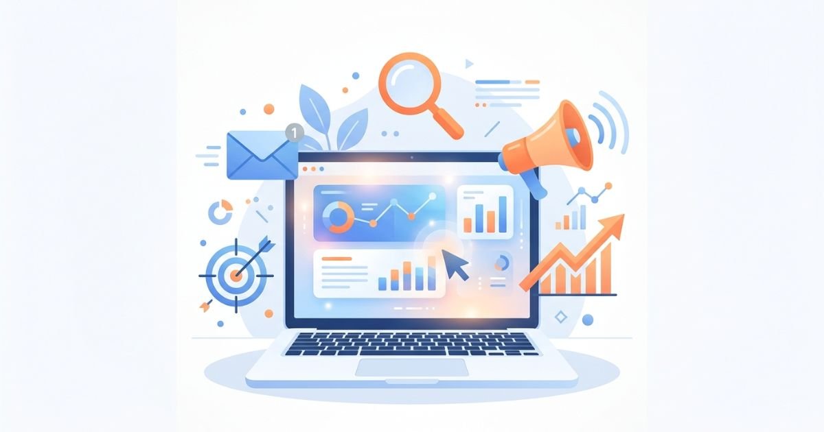Illustration of a laptop surrounded by marketing icons representing common digital marketing mistakes