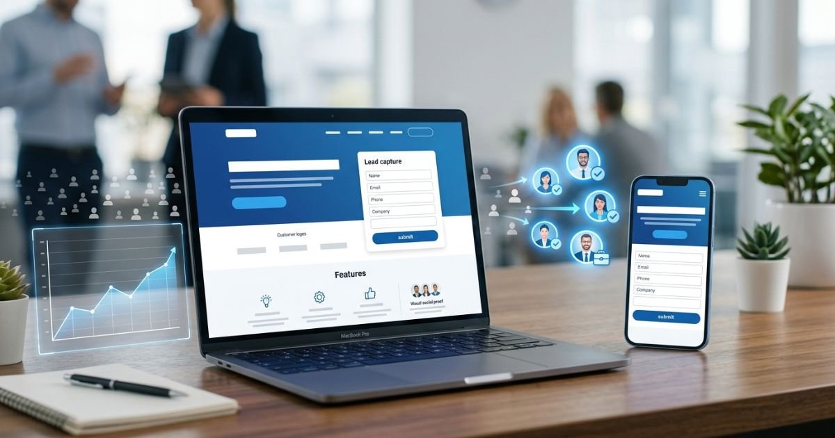3D illustration of a landing page conversion funnel showing website visitors becoming leads through a landing page, CTA, contact form, and sales pipeline.