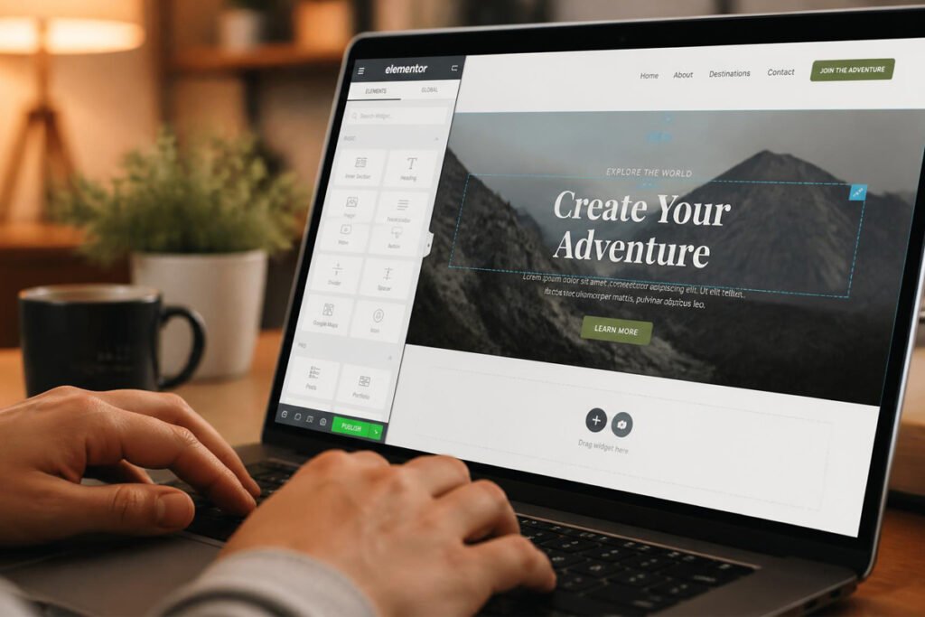 hand setting up a small business website on laptop using a drag and drop builder