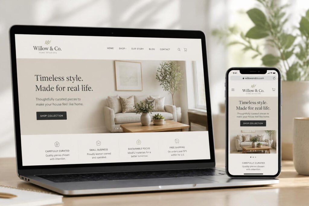finished small business website homepage displayed on laptop and mobile side by side