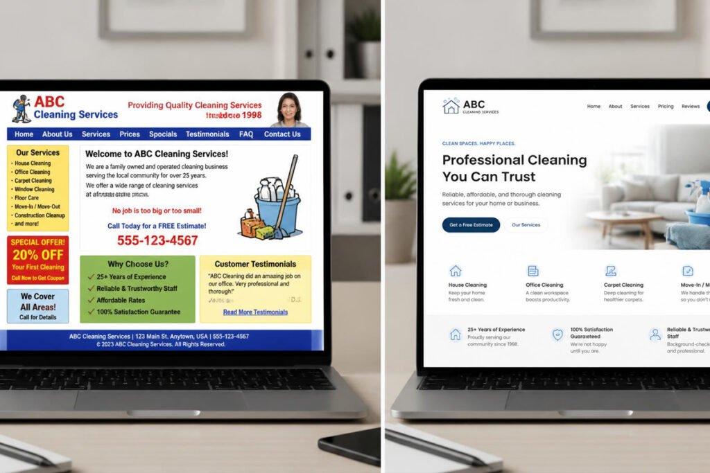 before and after comparison of a small business website redesign showing improved layout and speed
