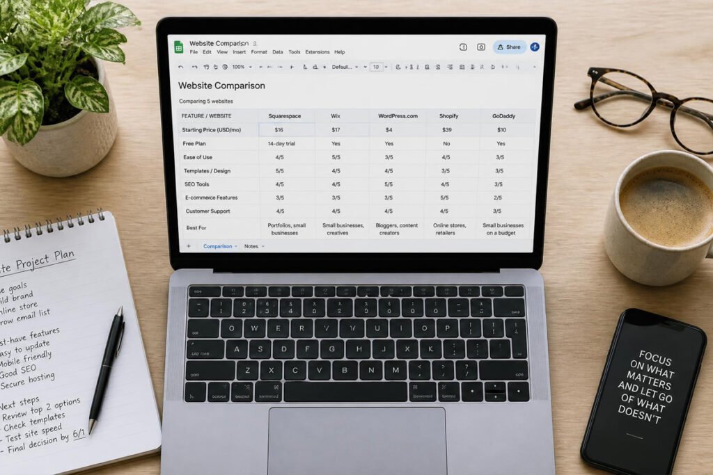 small business owner comparing website builder options on laptop with notepad and coffee