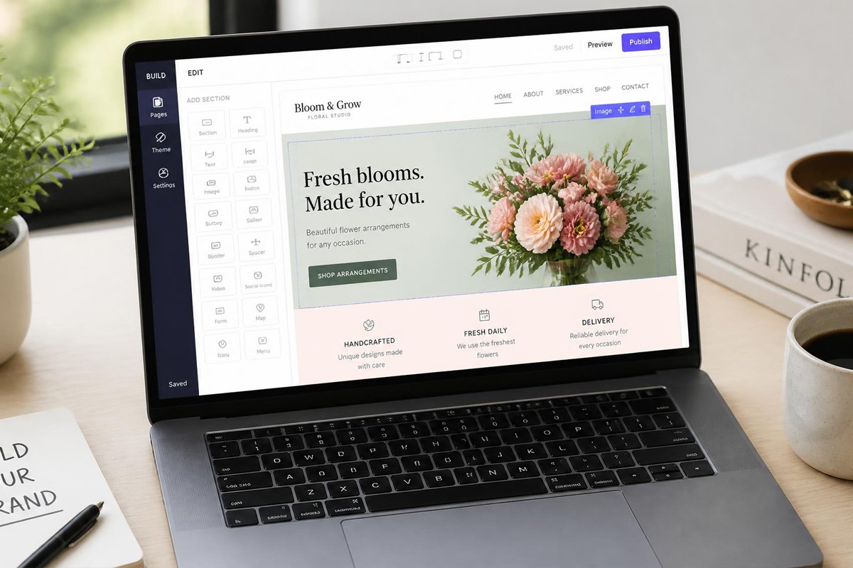 best website builders for small business laptop screen showing drag and drop editor